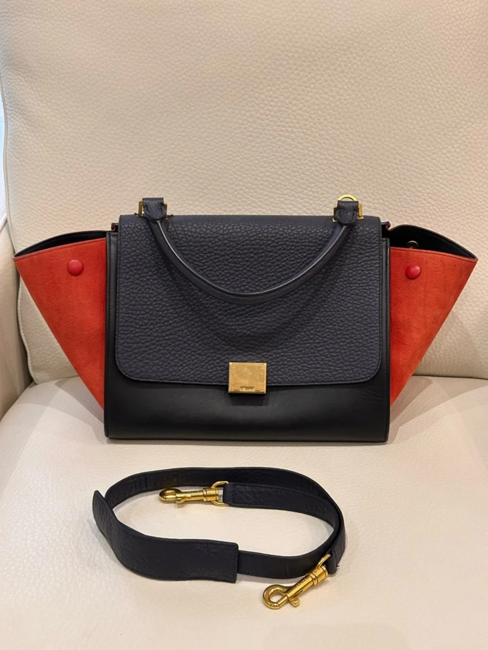 Celine Tricolor Trapeze Satchel in Black, Navy & Red /Size Small - Picture 9 of 15